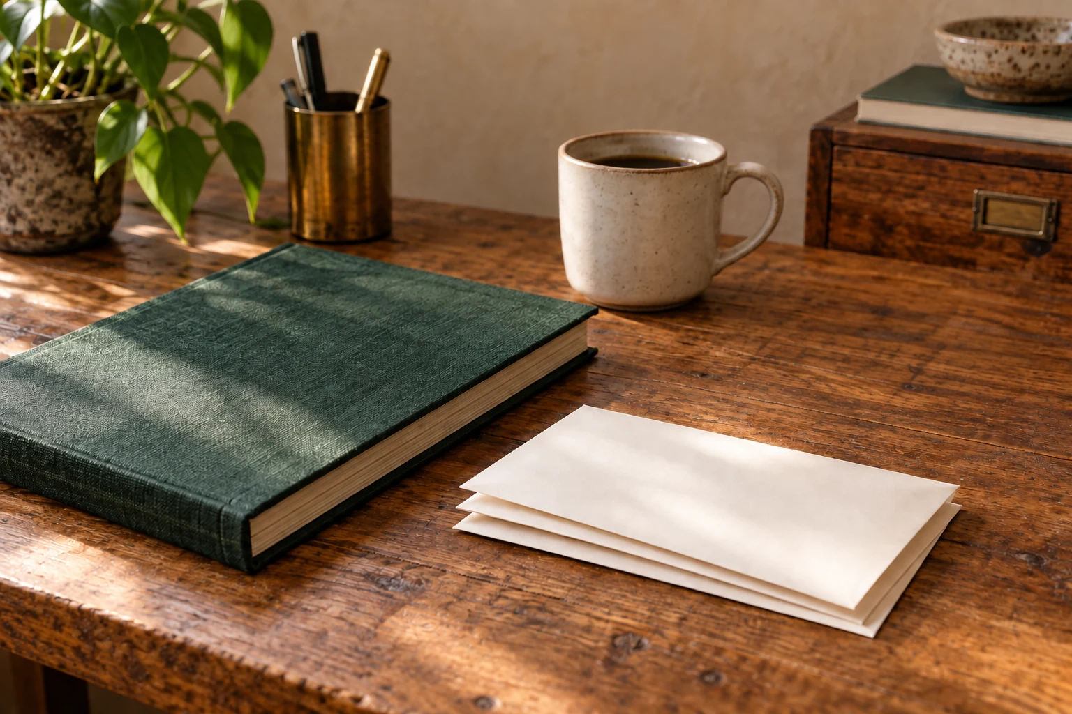 A forest-green ledger, blank envelopes and a coffee cup on a sunlit back-office desk.