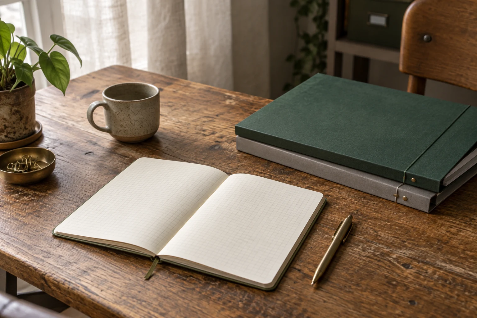 A blank notebook, two document folders and a pen arranged on an oak desk for a provider review.