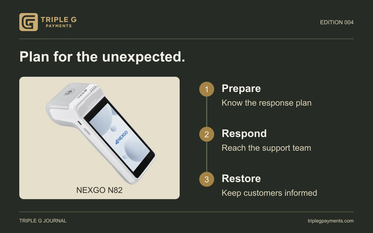 An NEXGO N82 terminal next to a 3-step plan for payment outages.