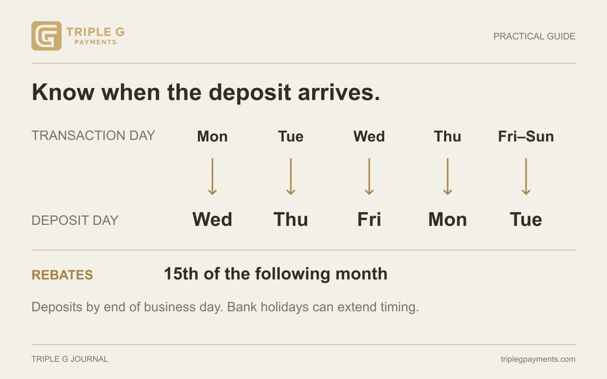 A chart links transaction days to deposit days. Rebates follow a separate schedule.