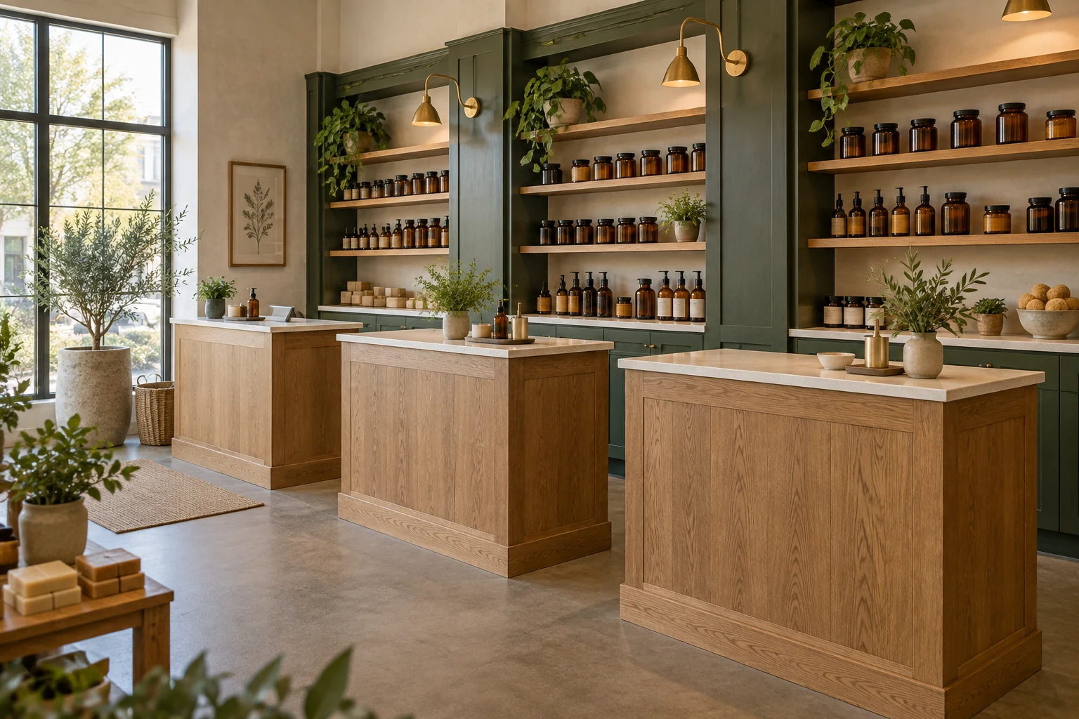 Repeated oak service stations and orderly shelves inside a softly lit retail shop.