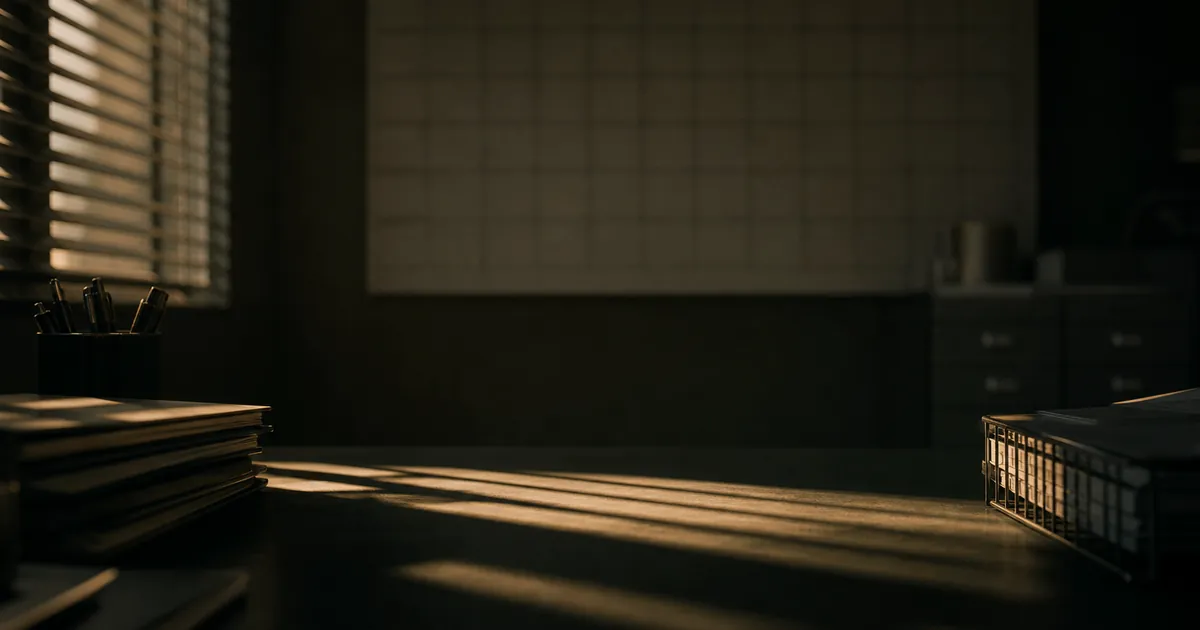 Morning light through blinds across an empty desk and blank wall planner