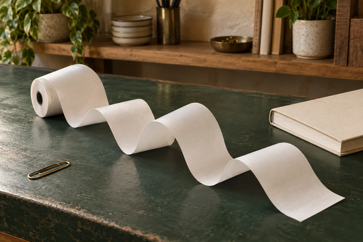 A long strip of blank receipt paper curls beside a closed ledger on a retail counter.