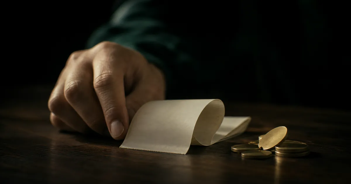 A hand beside blank receipt paper and small brass discs on a dark counter