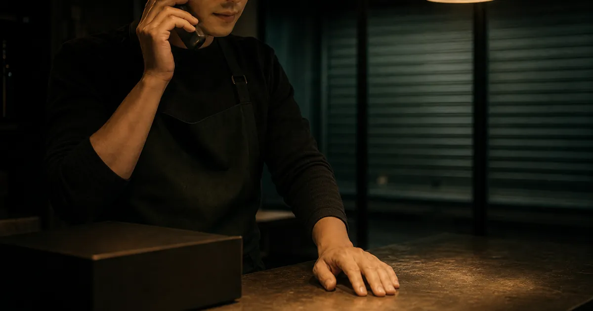 A retail employee on a cordless phone with one hand resting on the counter
