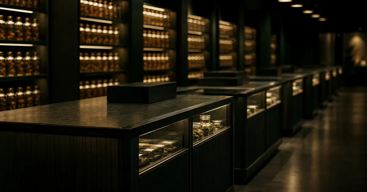 A dispensary floor with repeated service counters and softly lit amber jars