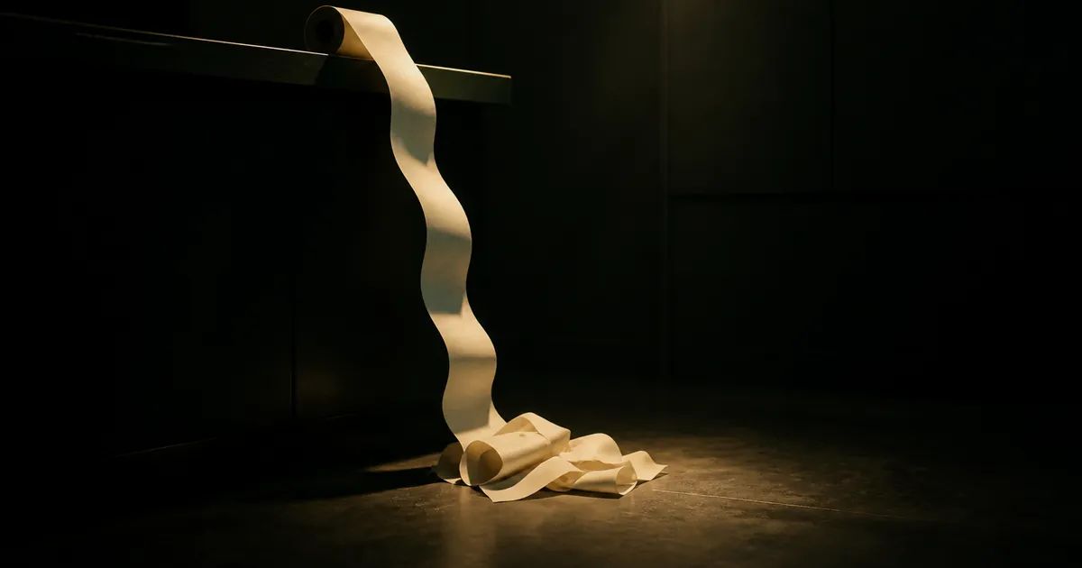 A long roll of blank receipt paper cascading from a counter to the floor