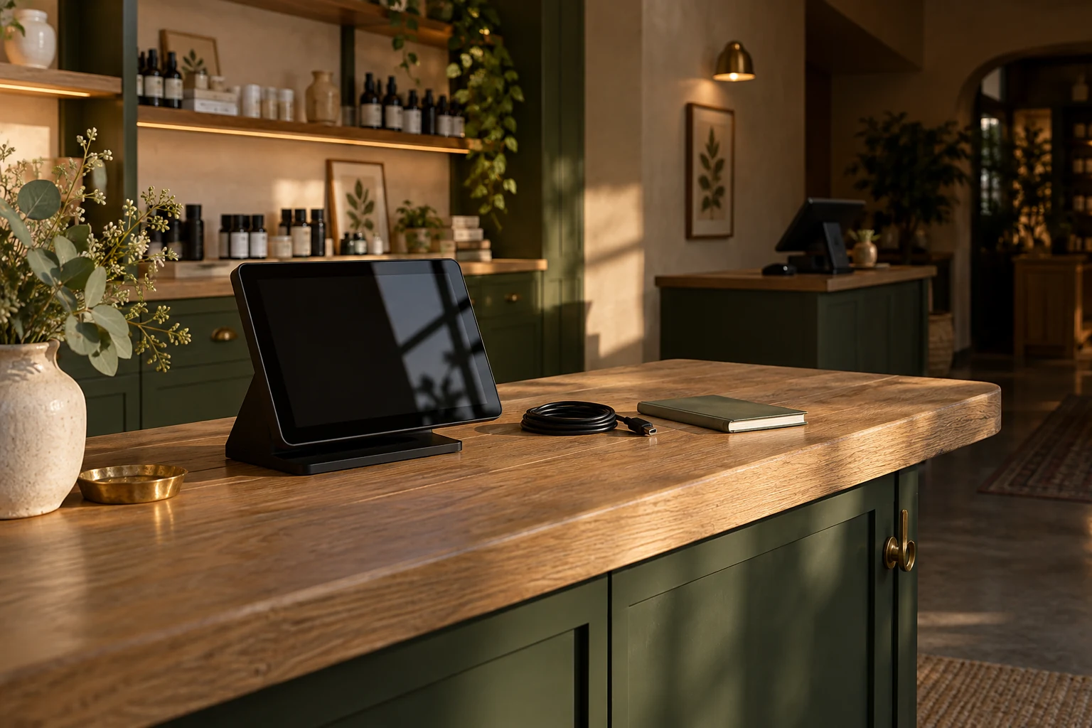 An empty retail service counter with an unlit screen and neatly coiled cable.