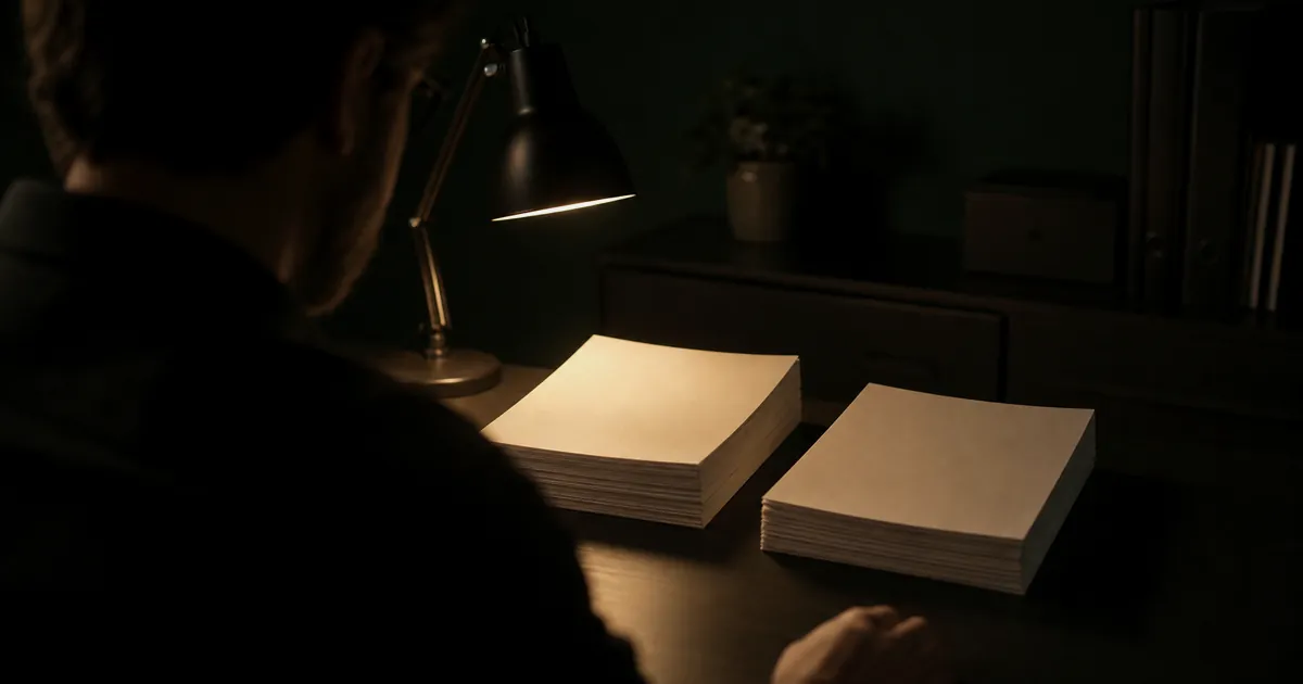 A dispensary owner comparing two stacks of blank statements under a desk lamp