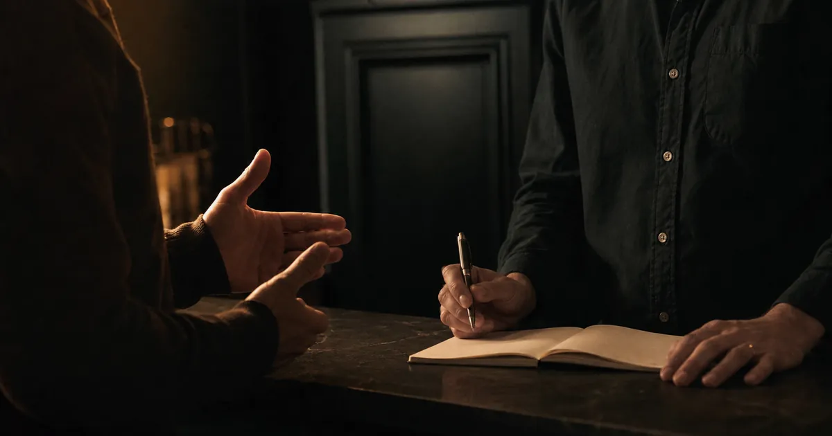Two people discussing an open blank notebook across a dark retail counter