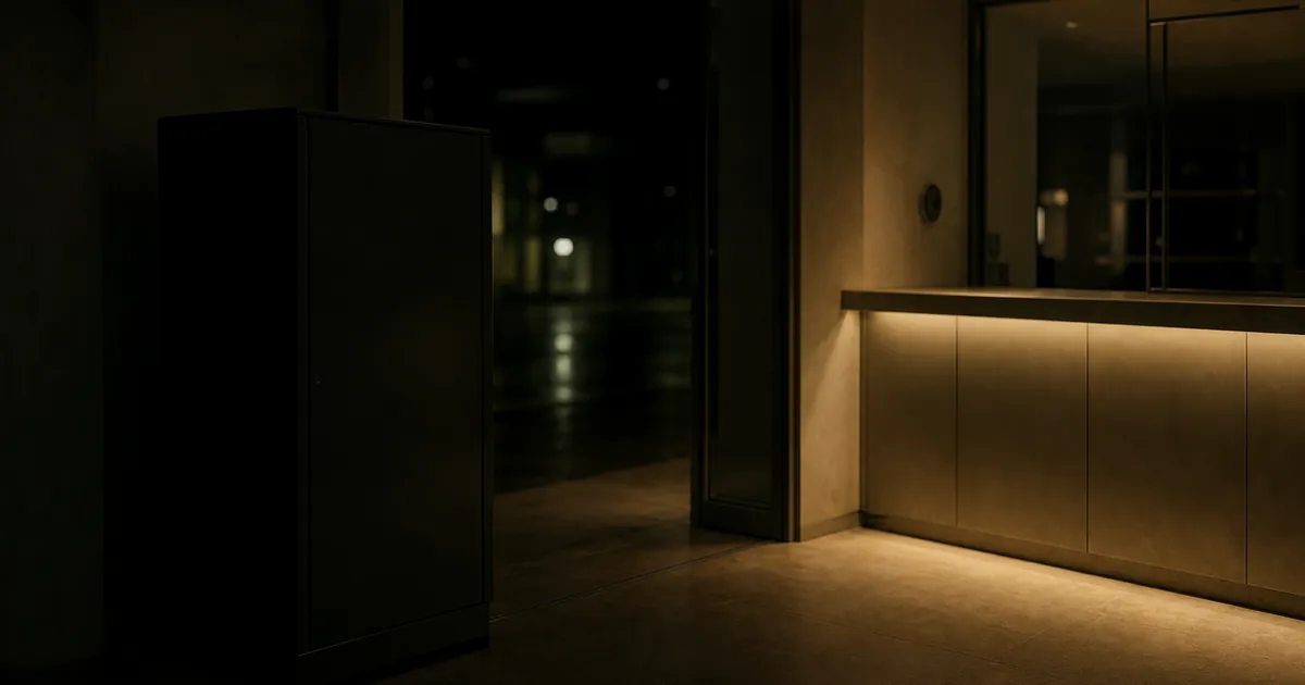 An unlit steel cabinet opposite a warmly lit empty service counter at night
