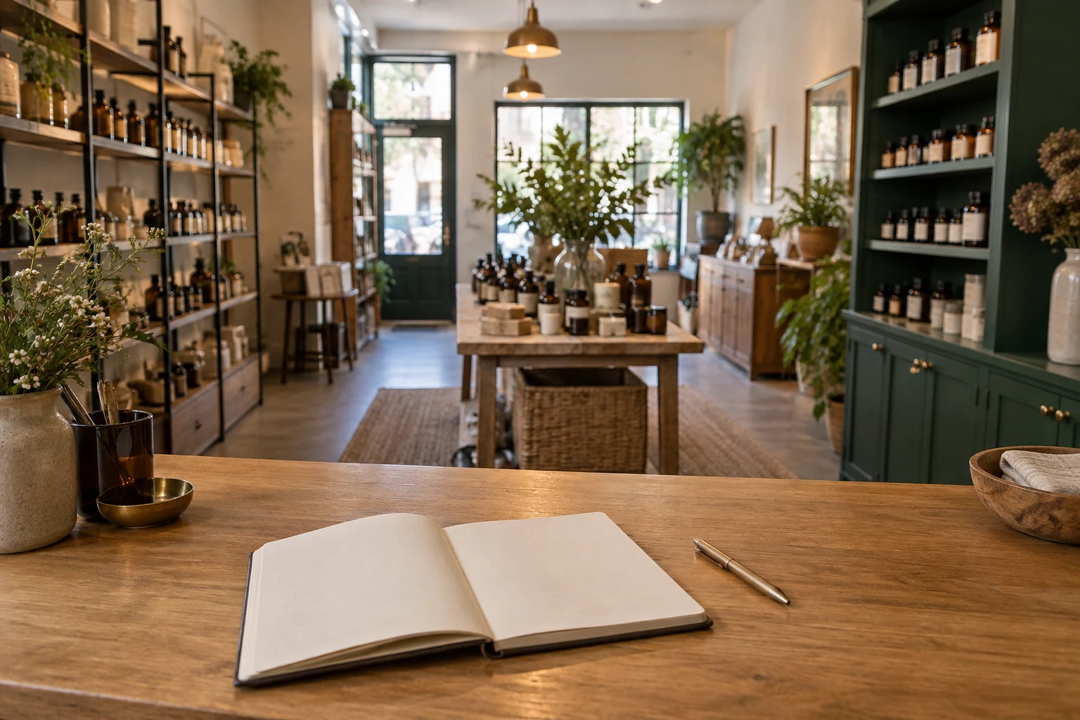 Morning light across an orderly retail counter with a blank notebook and shelves of amber containers.