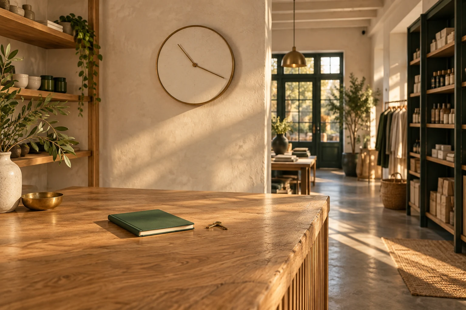 Late sunlight falls across a retail counter beneath a simple analog wall clock.