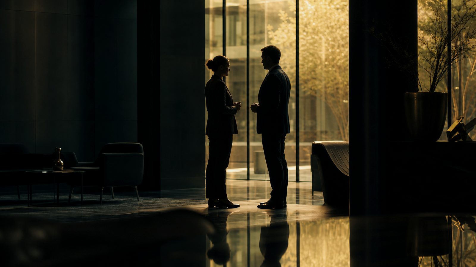 Two colleagues in conversation as silhouettes in a sunlit office lobby