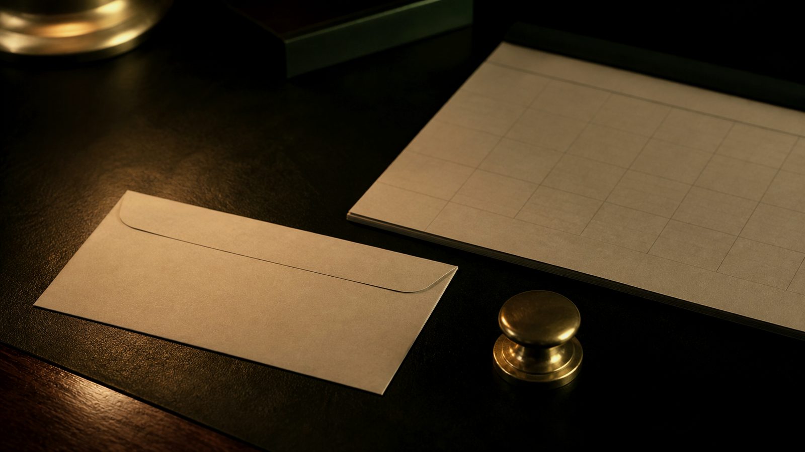 Blank envelope, calendar grid, and brass paperweight on a dark desk