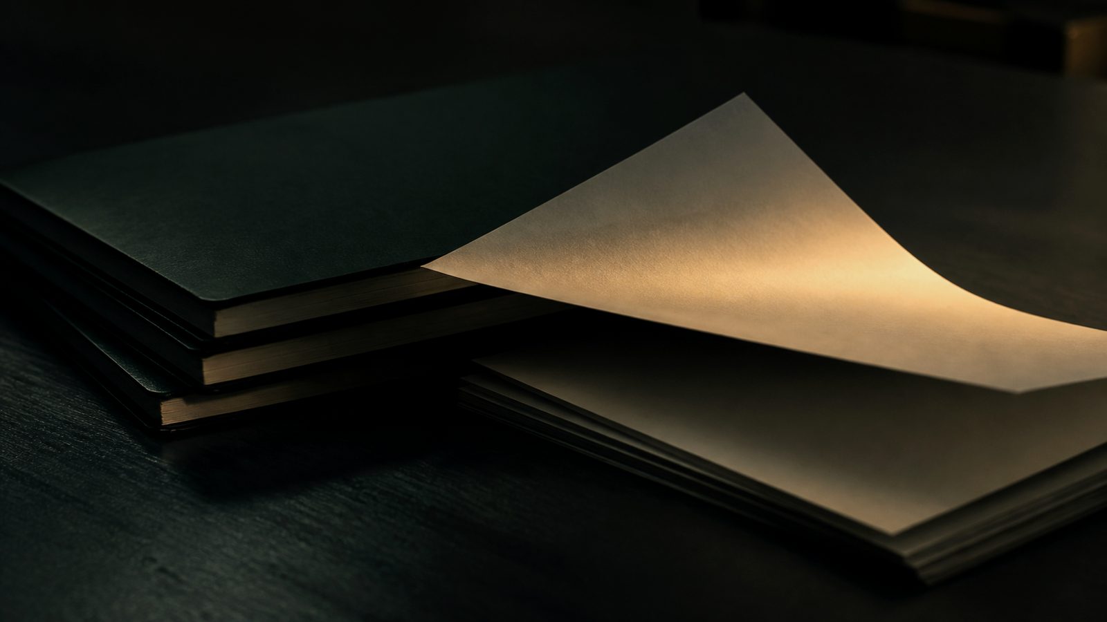 Stacked dark notebooks and blank pages lit by a warm beam
