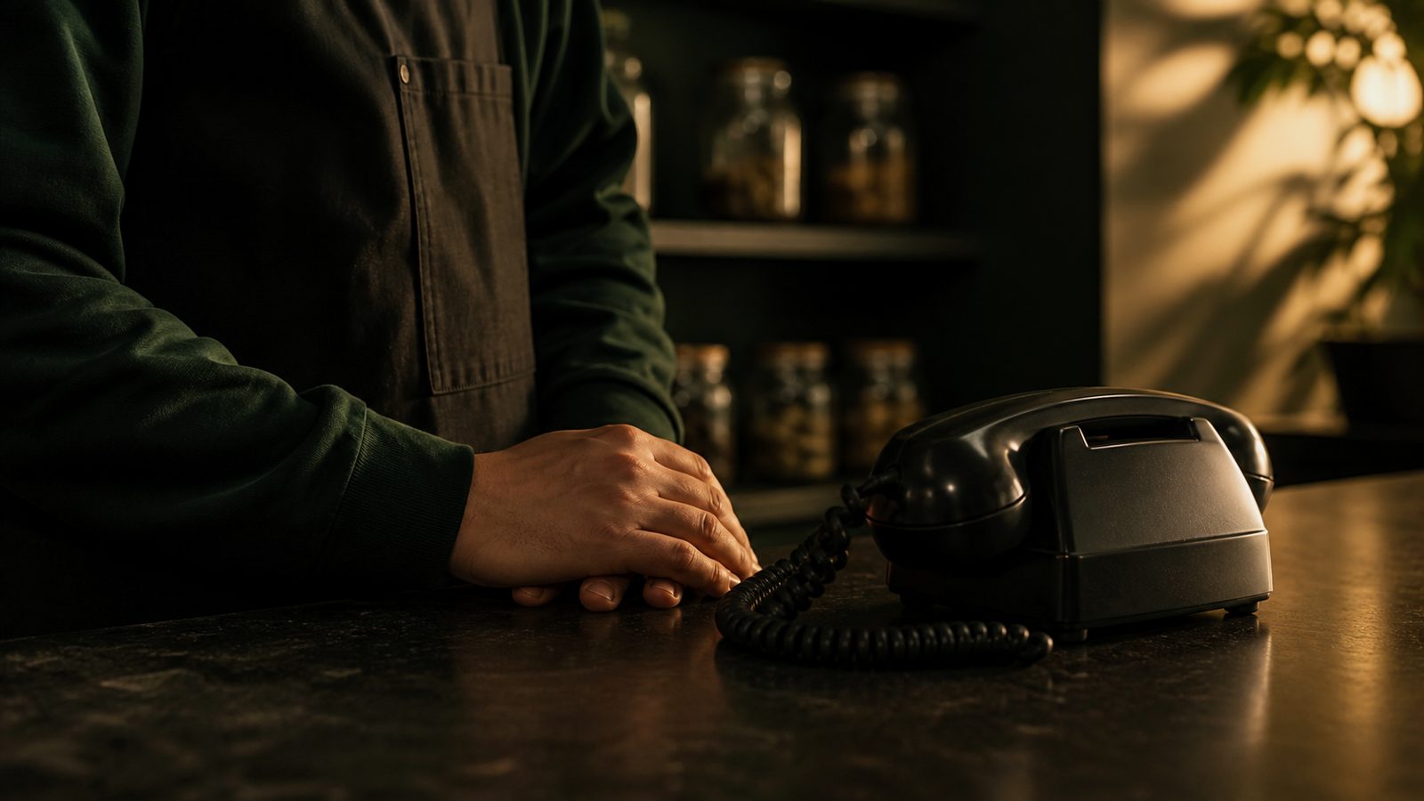 Retail employee's hands beside a black corded telephone on a dark counter