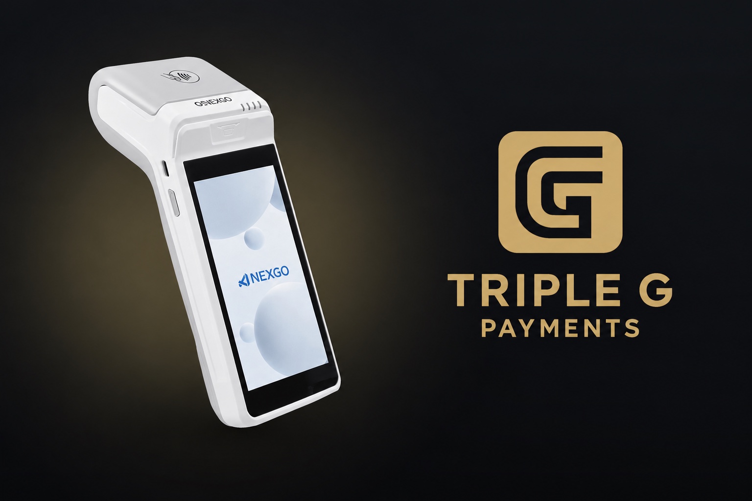 NEXGO N82 remote ATM terminal beside the Triple G Payments logo